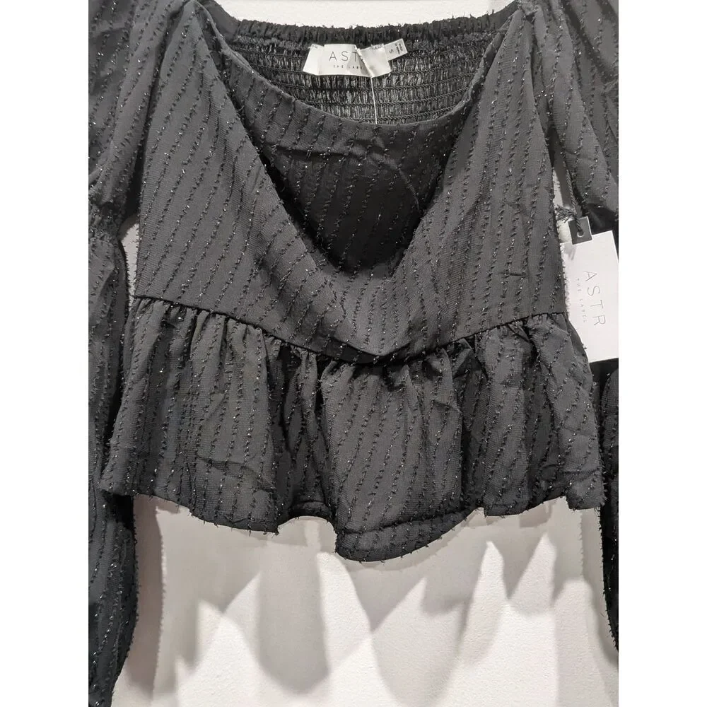 New ASTR The Label Chiffon Shimmer Square Neck Puff Marie Sleeve Crop Top, S